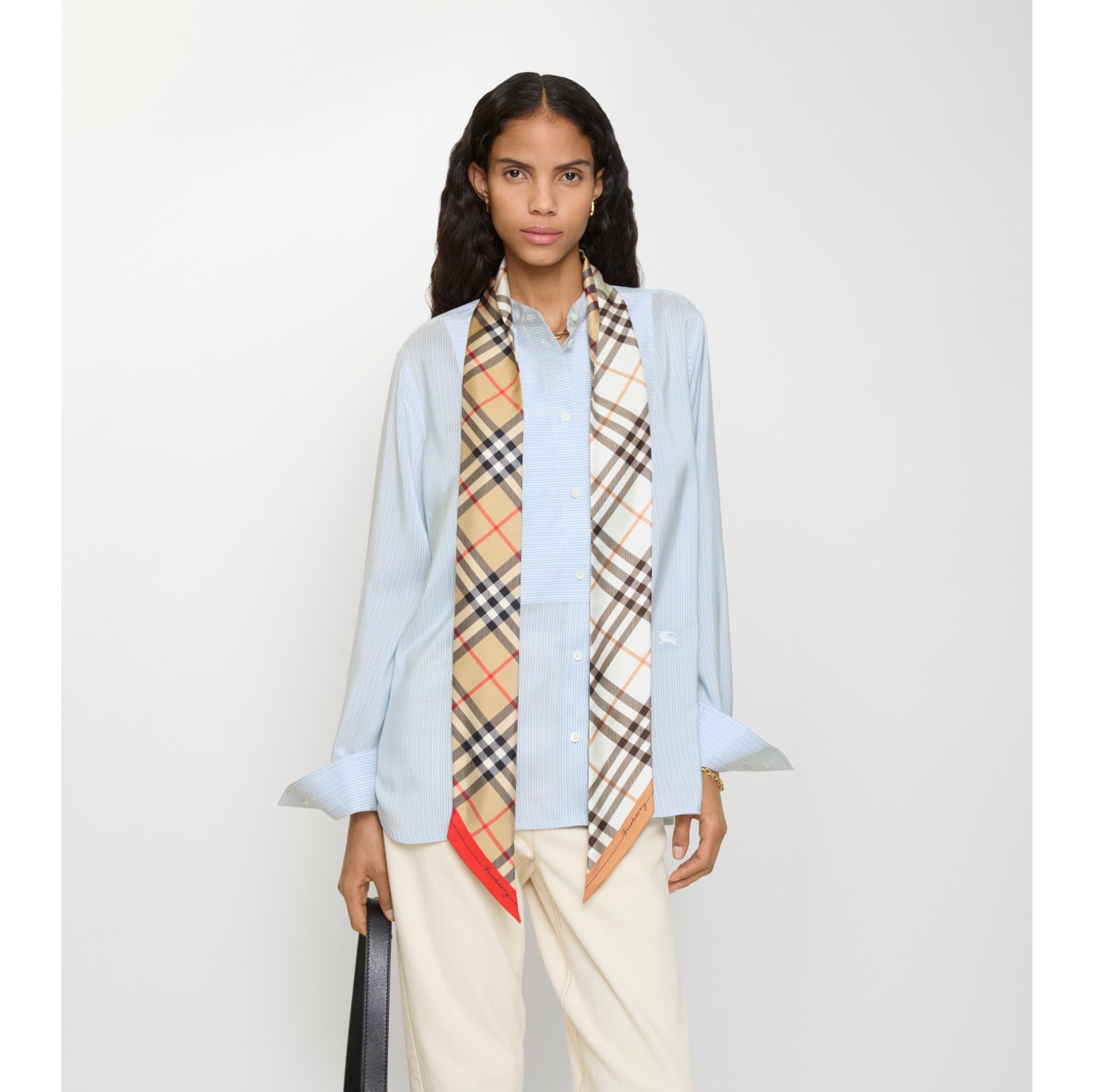 Skinny Contrast Check Silk Scarf