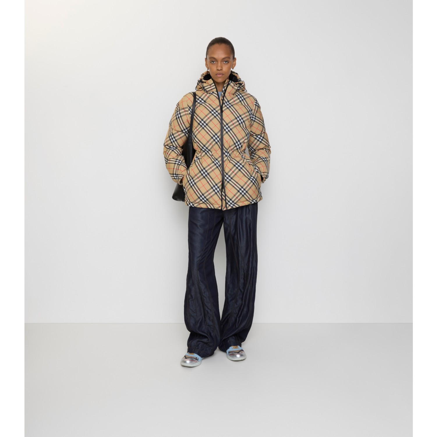 Check Nylon Hooded Puffer Jacket in Sand - Women | Burberry® Official