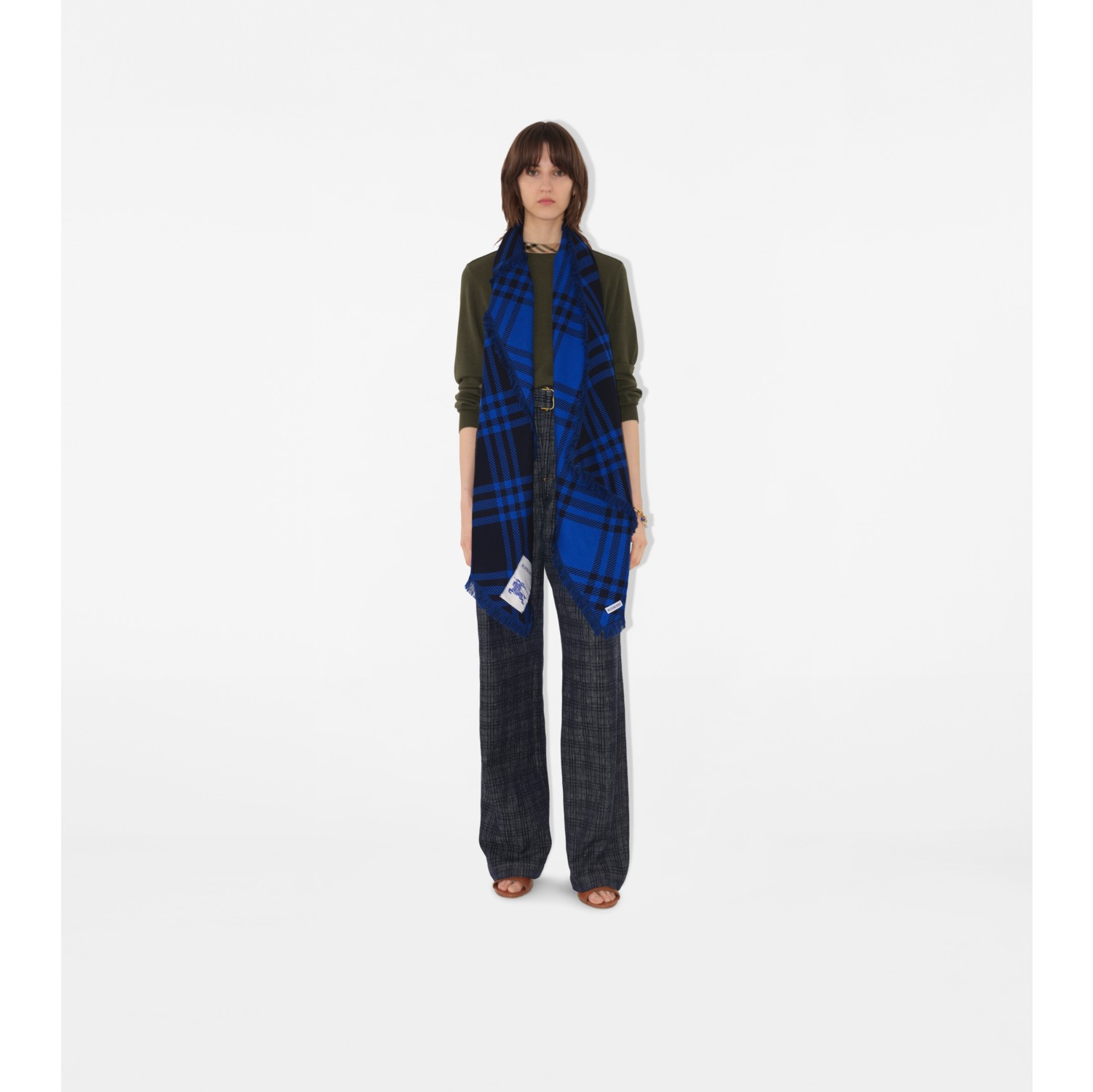 Wide Check Wool Silk Scarf