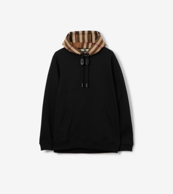 Check Hood Cotton Blend Hoodie in Black birch brown Men