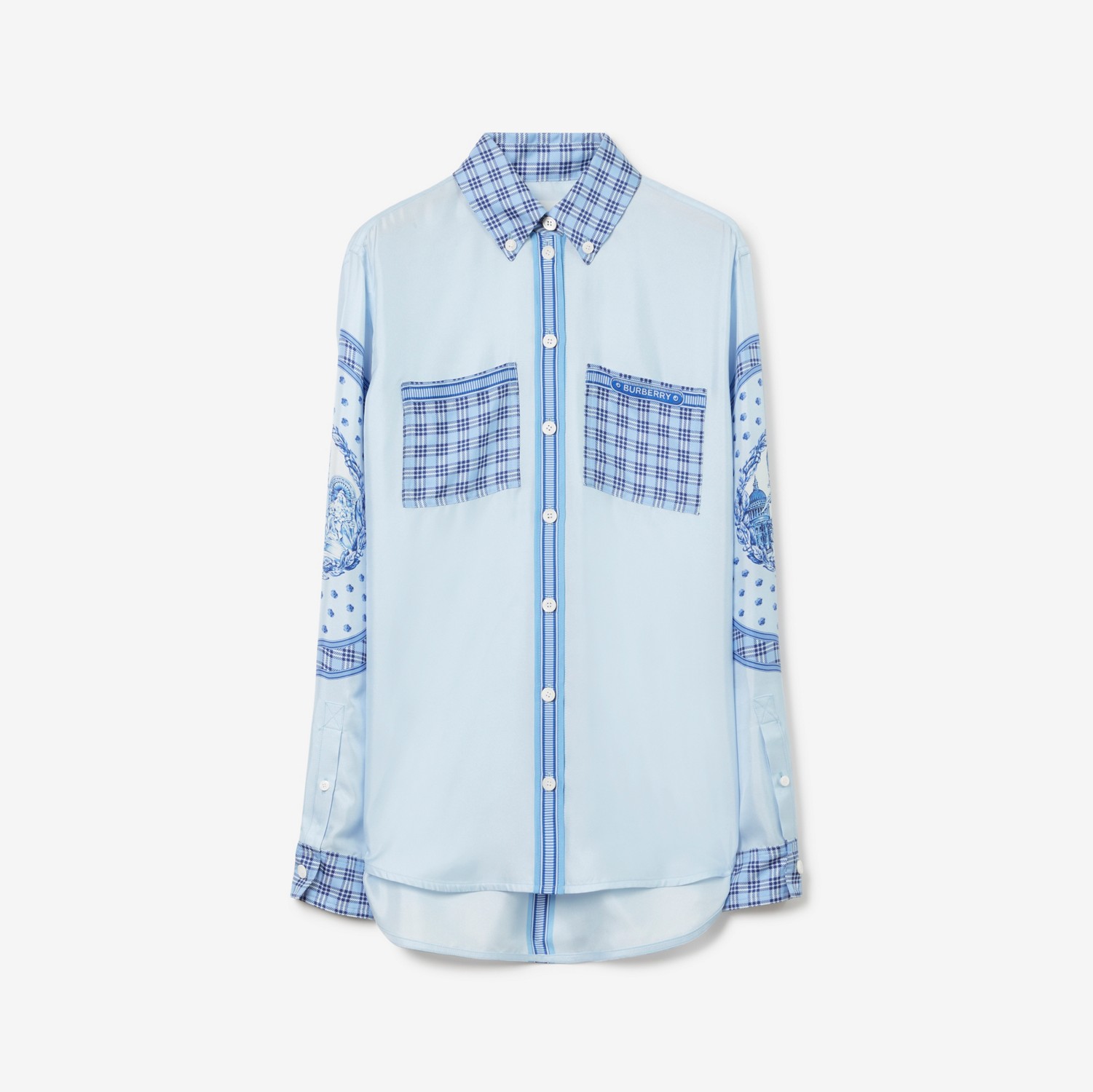 모뉴먼트 프린트 실크 오버사이즈 셔츠 (폭스글러브 블루) - 여성 | Burberry®