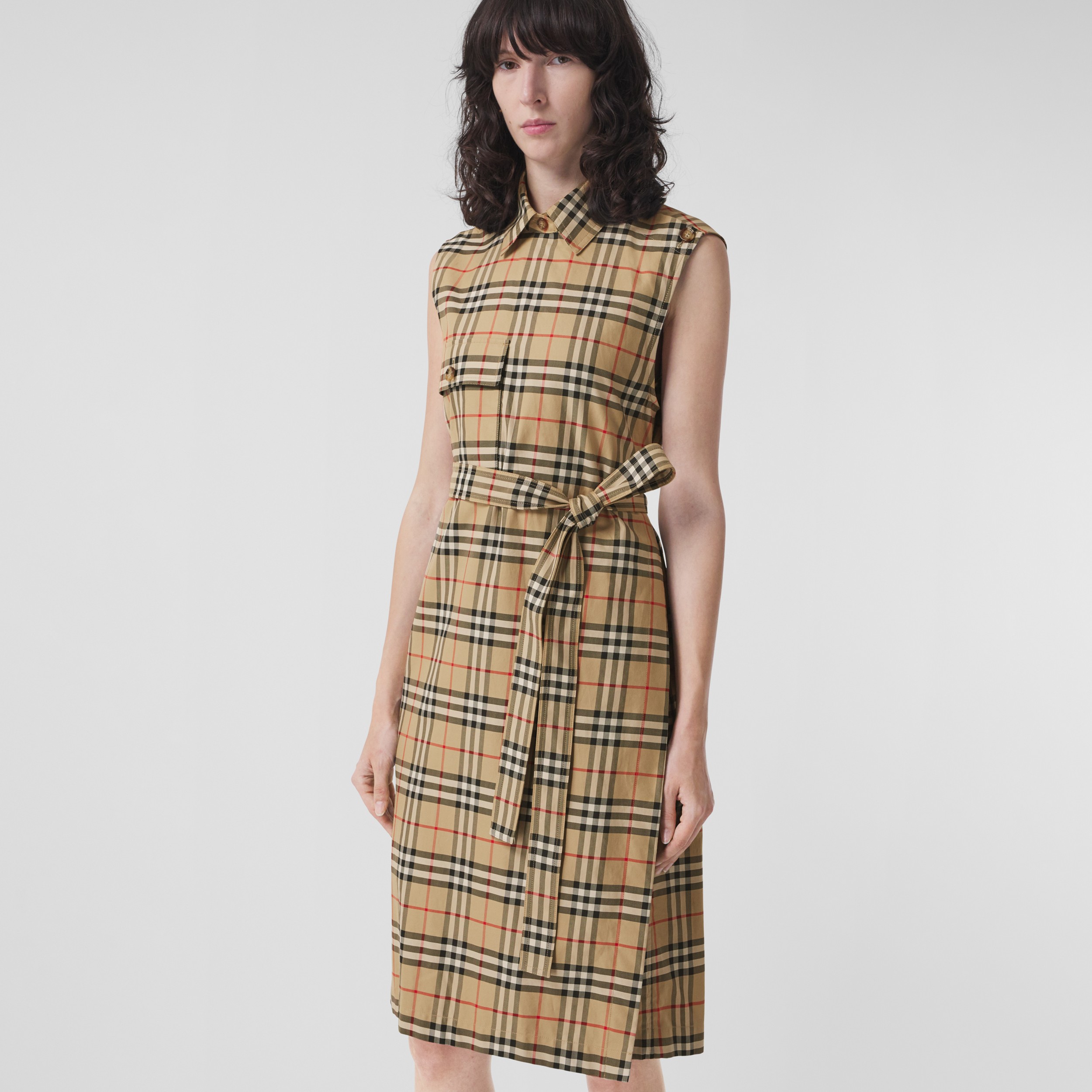 Sleeveless Vintage Check Cotton Shirt Dress in Archive Beige 