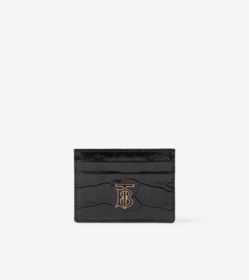 Embossed Leather TB Card Case in Black - Women