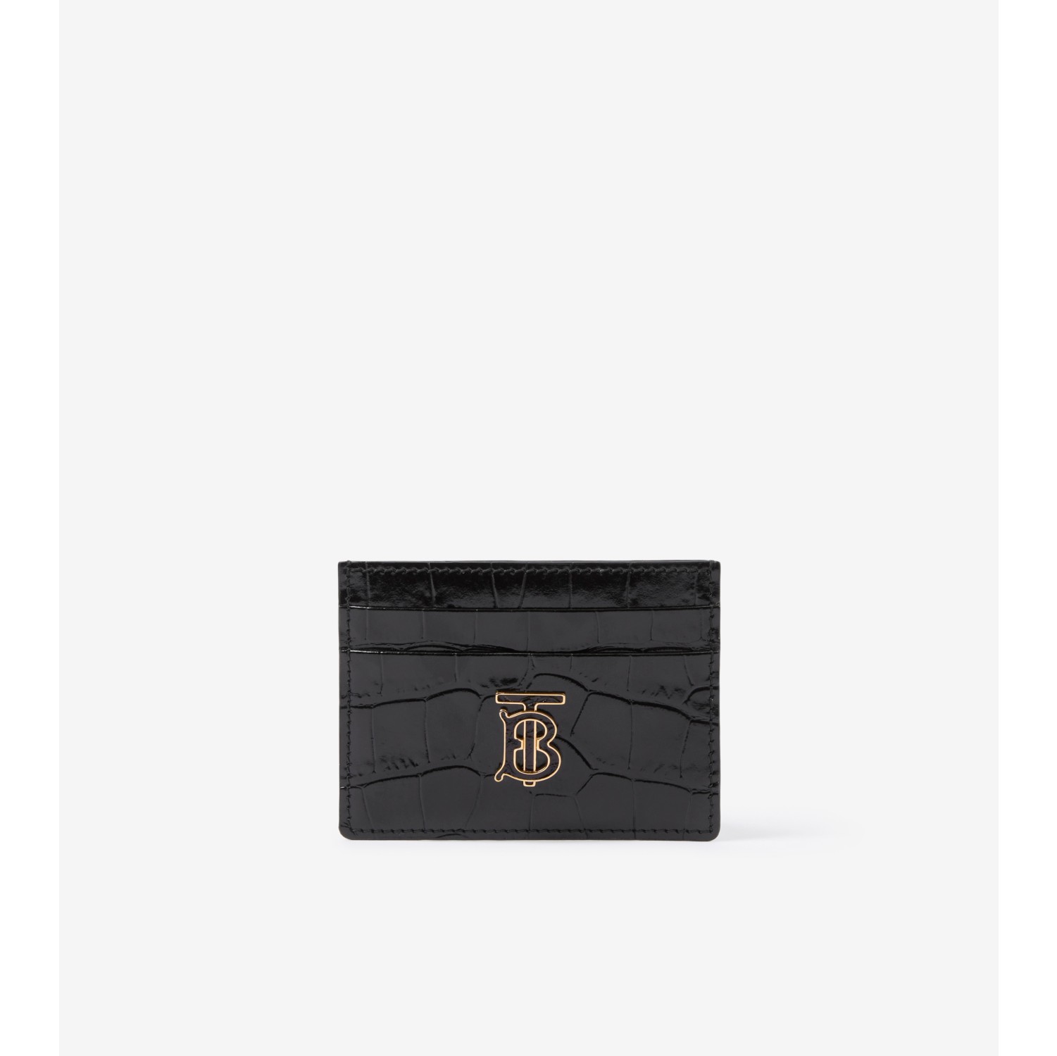 Embossed Leather TB Card Case in Black - Women