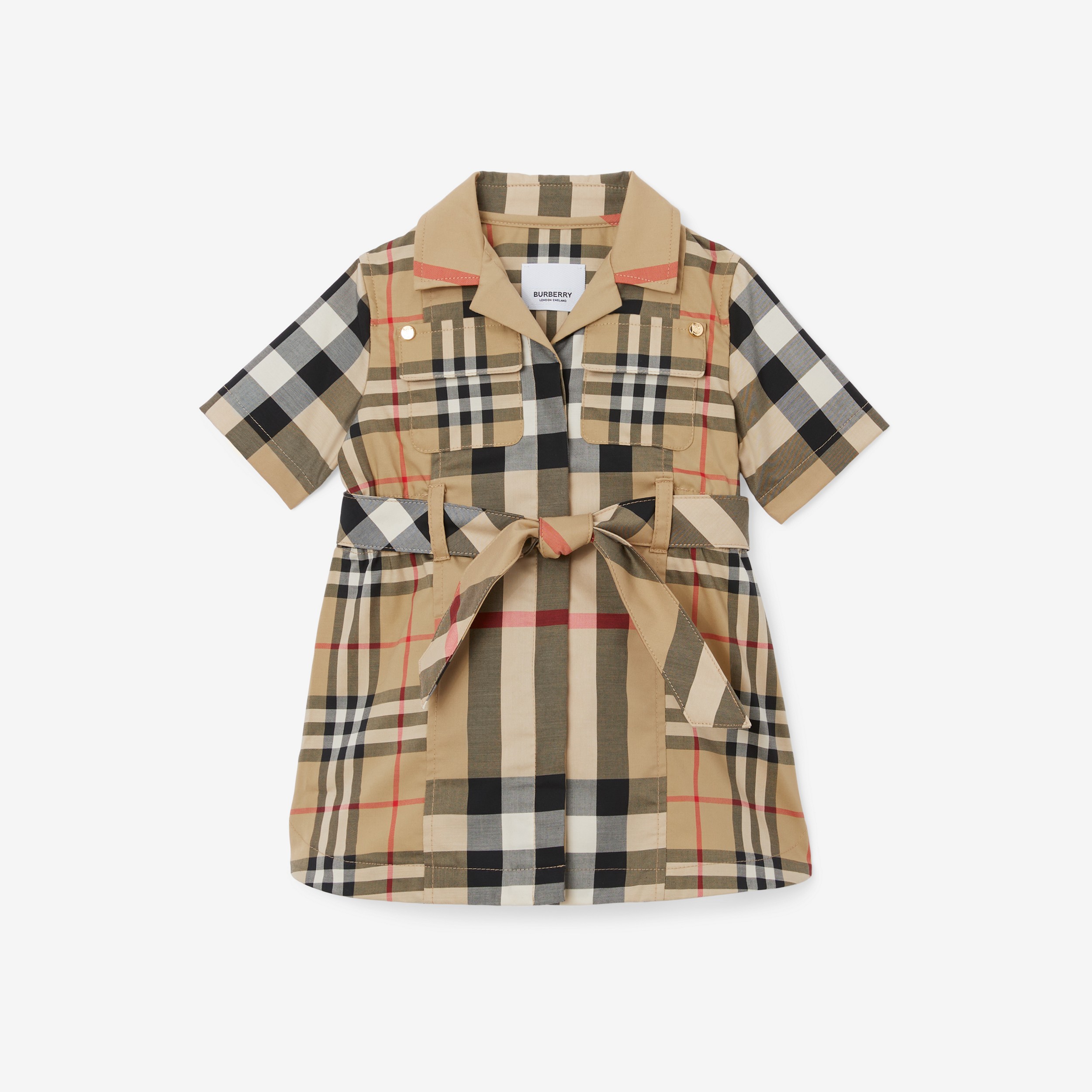 Vestido estilo camisa de algodão stretch com cinto de amarrar e patchwork xadrez (Bege Clássico) - Crianças | Burberry® oficial - 1