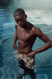 Model wearing Burberry Check Swimwear Shorts