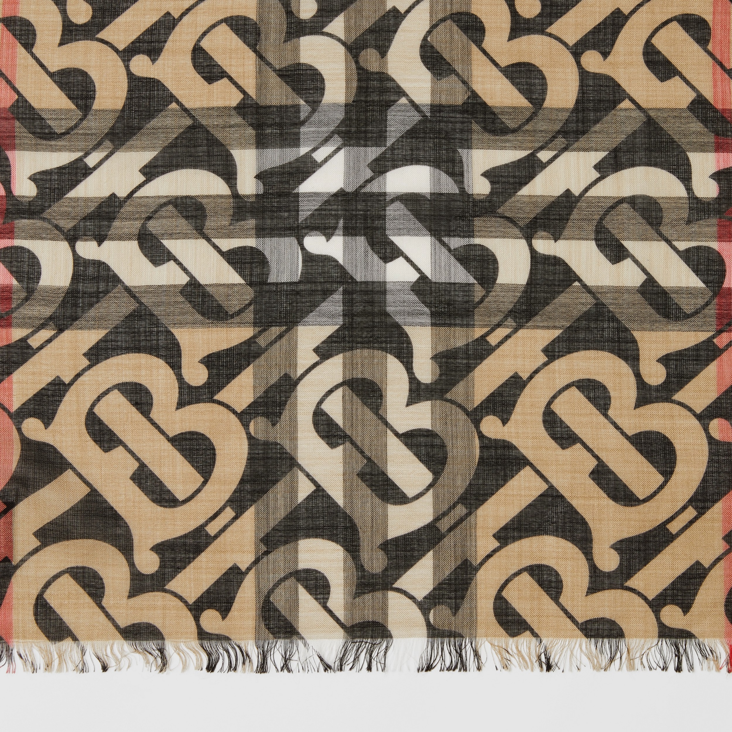 Monogram Print Lightweight Check Wool Silk Scarf in Archive Beige | Burberry® Official - 2