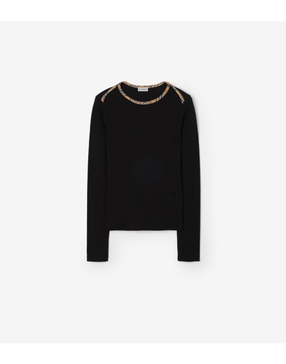 Check Trim Cotton Long-sleeve T-shirt