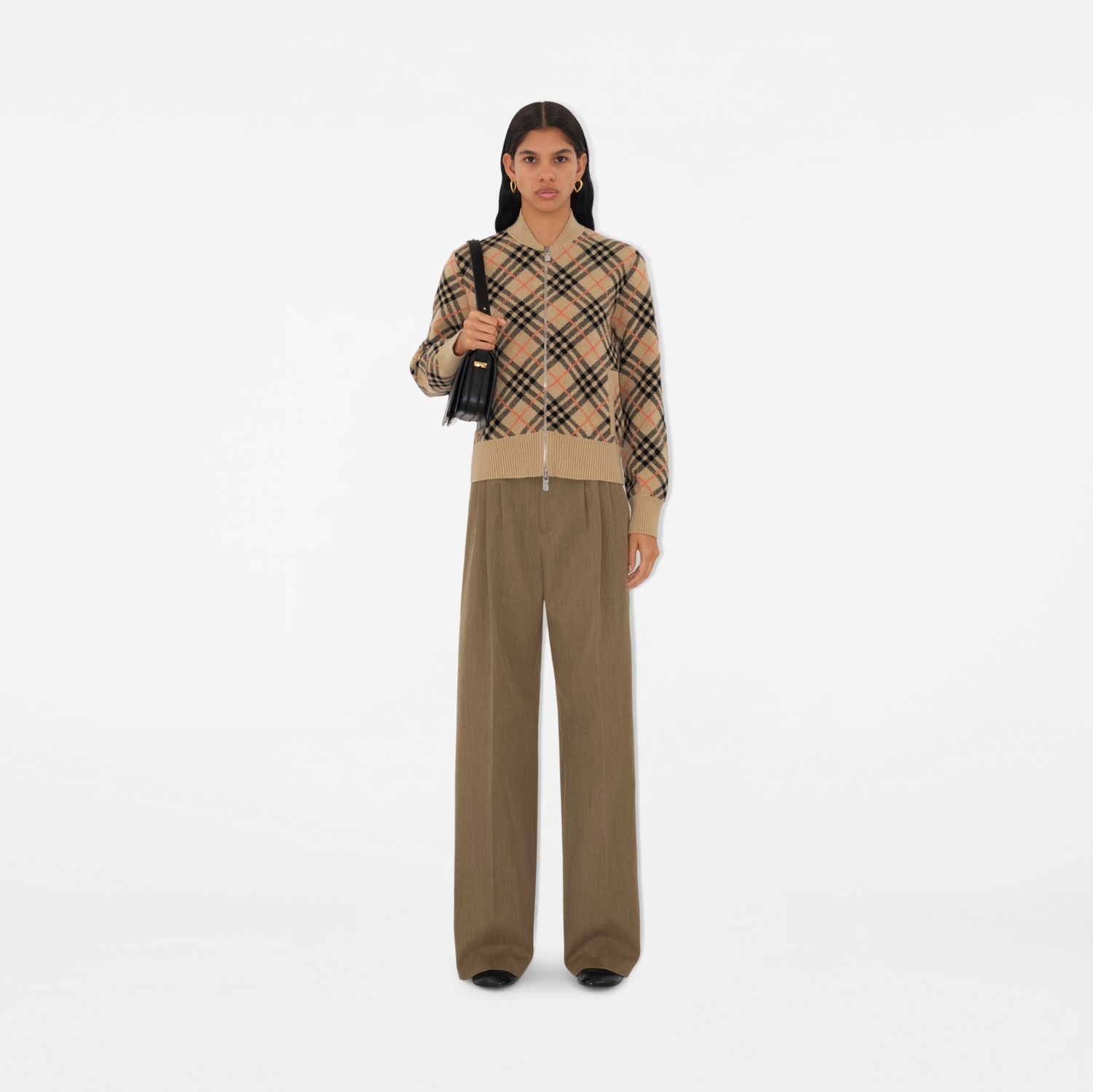 Check Cashmere Bomber Jacket in Sand - Women | Burberry Check Cashmere Bomber Jacket in Sand - Women | Burberry