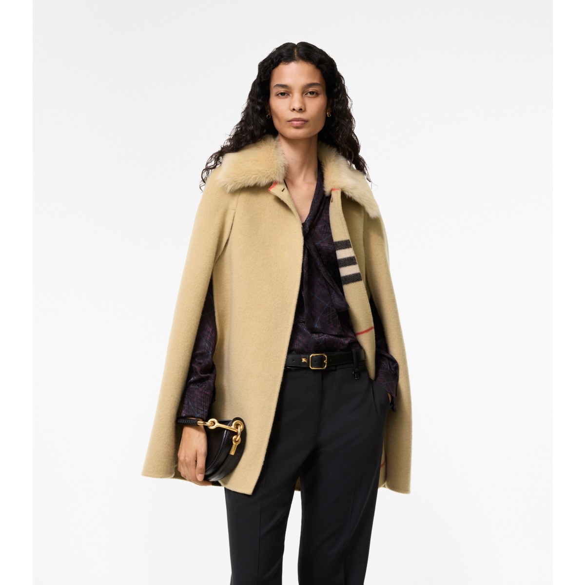  Check Shearling Collar Cashmere Cape