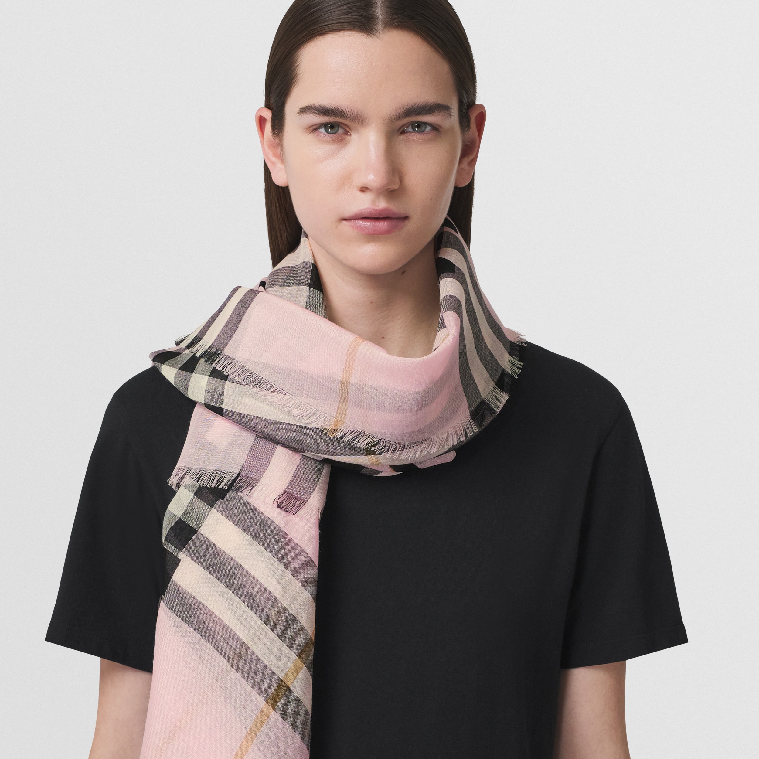 Horseferry Print Check Wool Silk Large Square Scarf in Pale Pink | Burberry® Official - 3