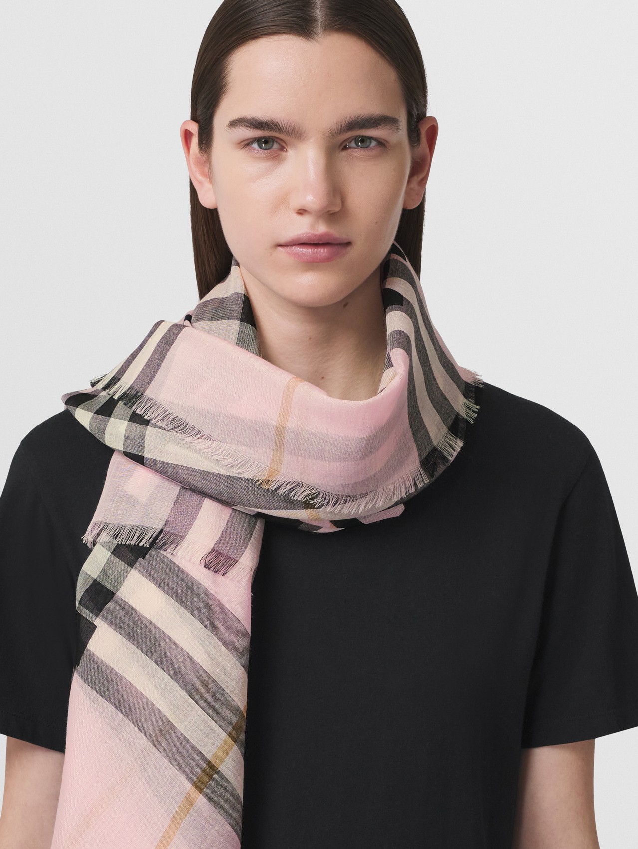 Horseferry Print Check Wool Silk Large Square Scarf in Pale Pink