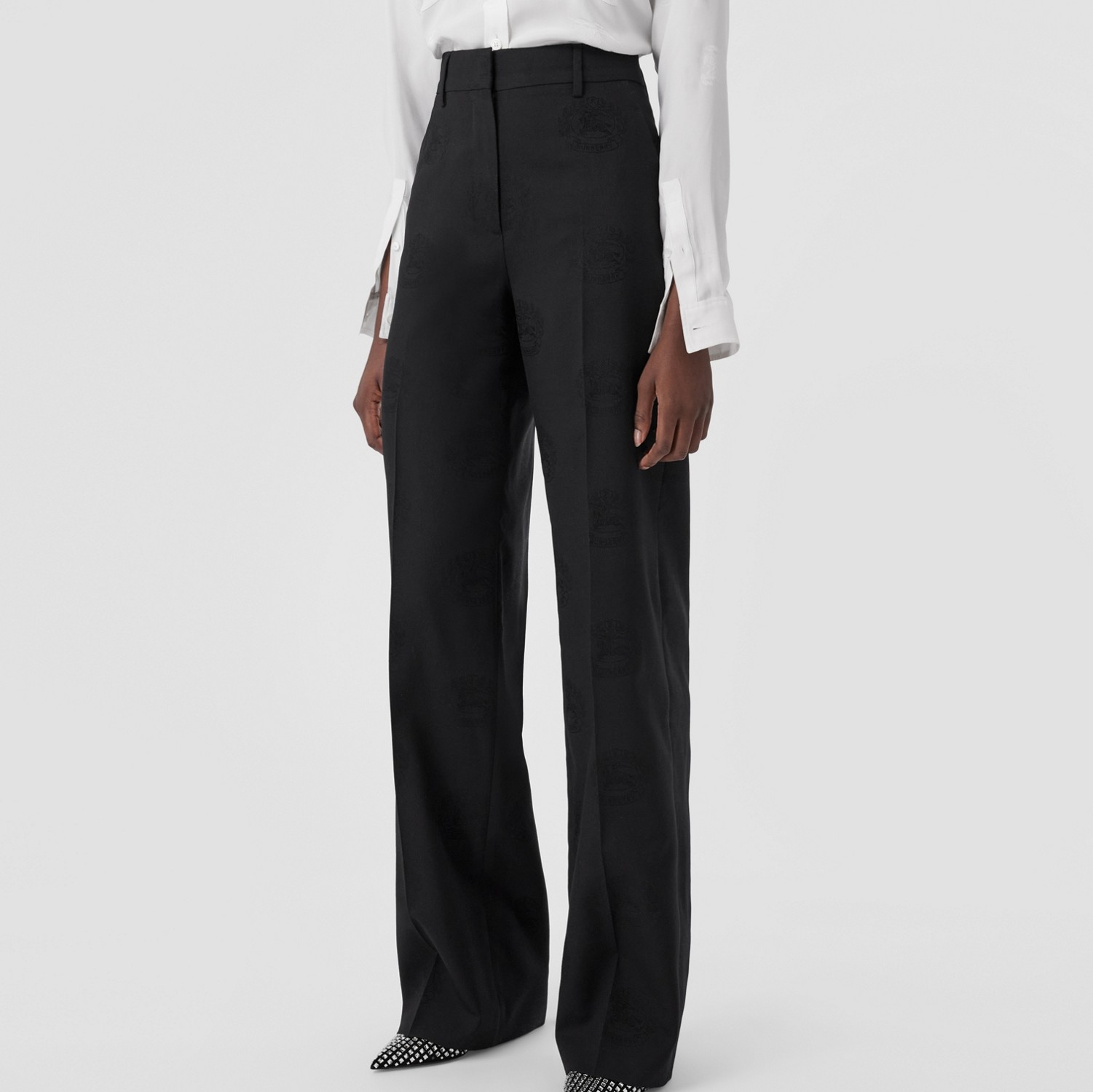 Custom Fit EKD Wool Cotton Jacquard Wide-leg Trousers in Black - Women | Burberry® Official