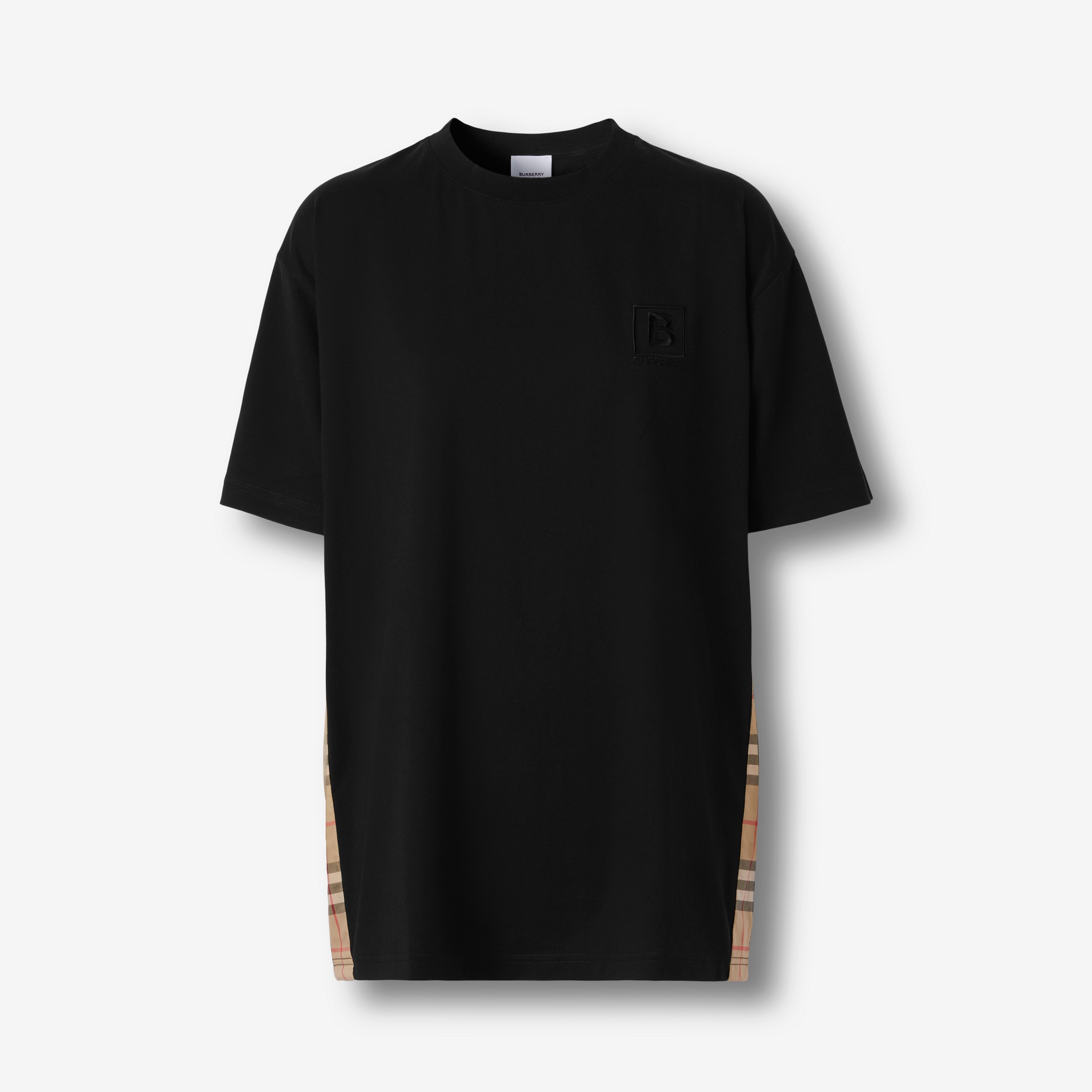 Check Panel Cotton Oversized T-shirt in Black - Women | Burberry® Official - 1