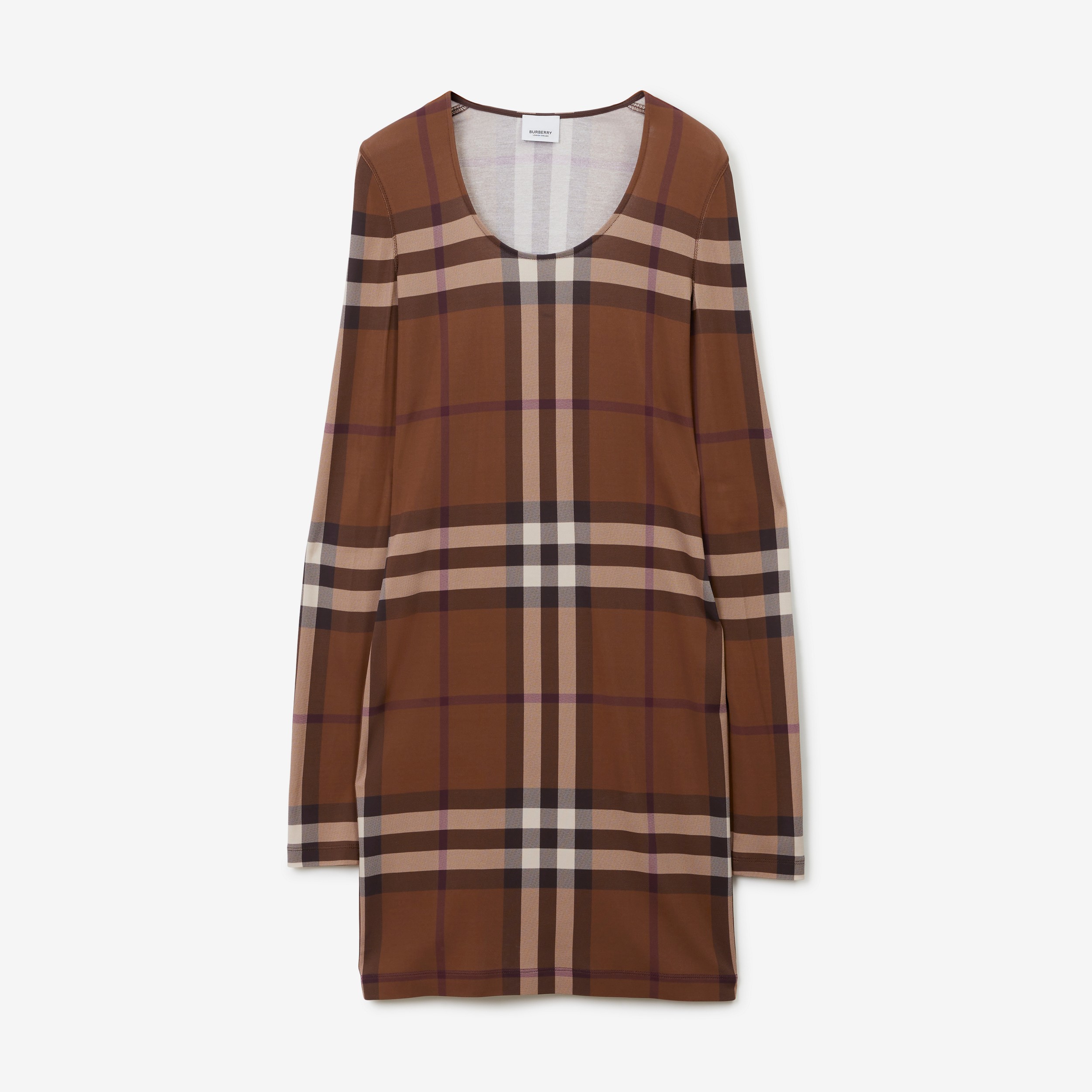 Exaggerated Check Stretch Jersey Dress in Dark Birch Brown - Women | Burberry® Official - 1