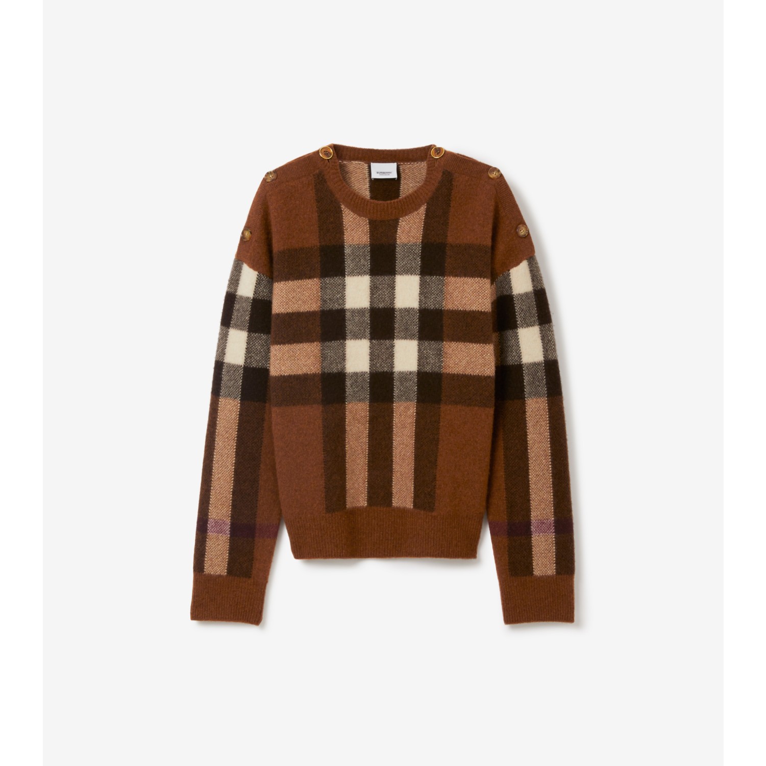 Check Wool Cashmere Sweater in Dark birch brown Women Burberry Official