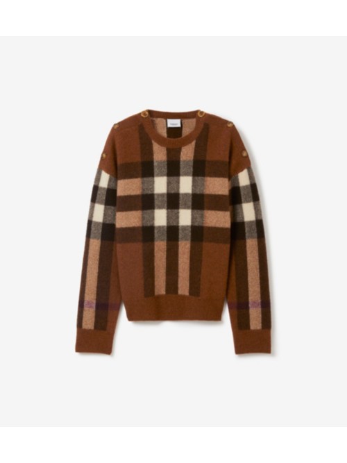Shop Burberry Check Wool Cashmere Sweater In Dark Birch Brown