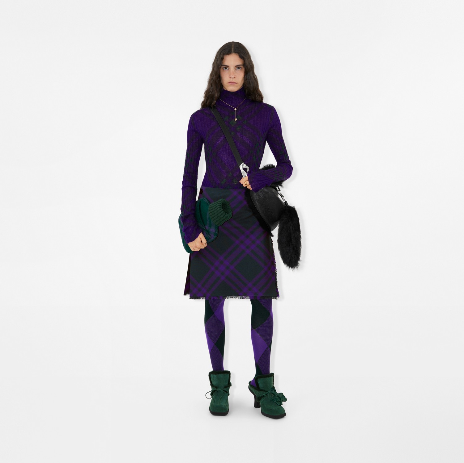 菱形图案羊毛混纺连裤袜 (皇室紫 / 藤蔓绿) | Burberry® 博柏利官网