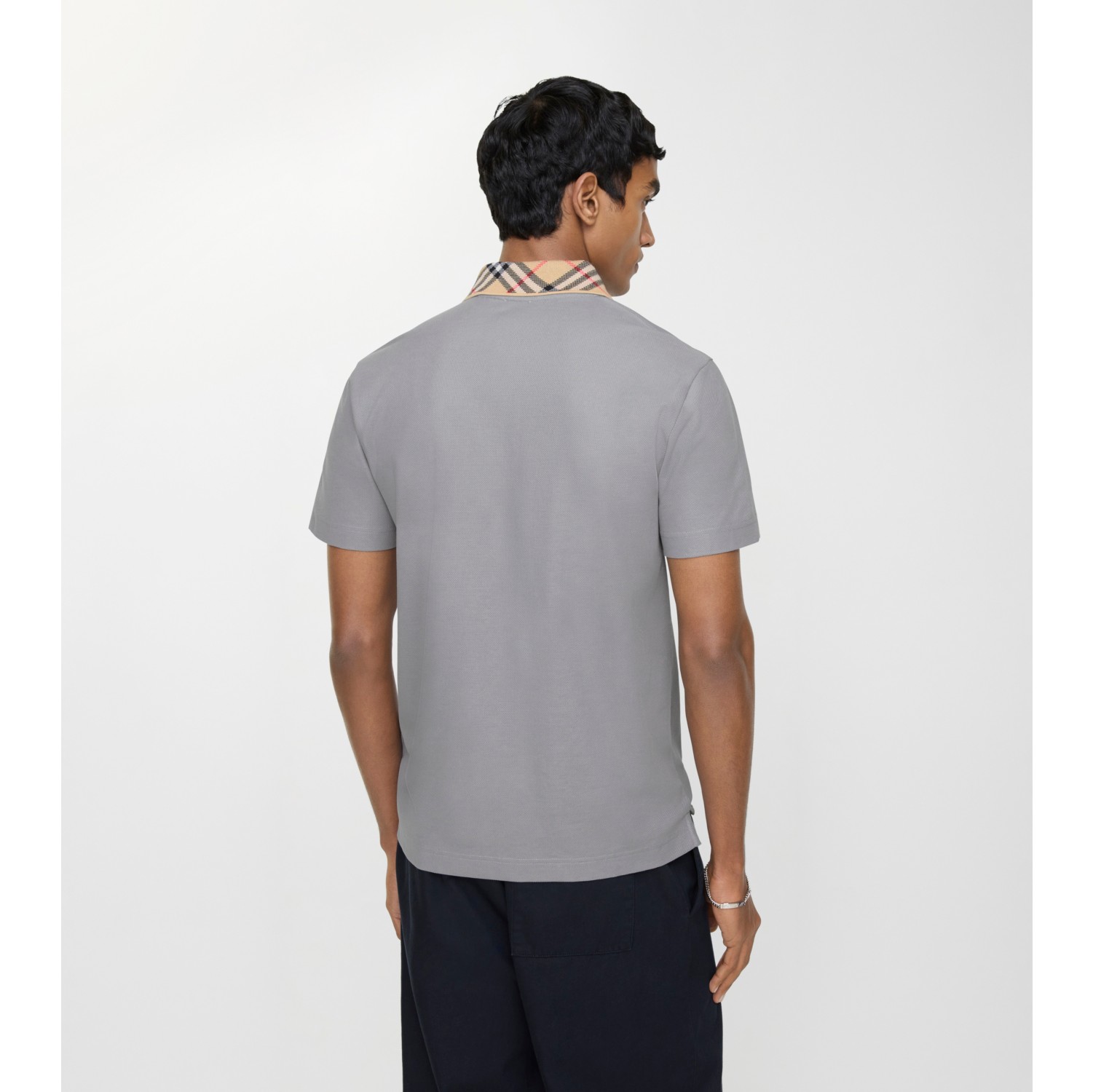 Check Collar Cotton Polo Shirt in Rainy grey - Men | Burberry