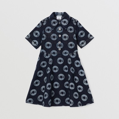 버버리 걸즈 원피스 Burberry Short-sleeve Logo Graphic Japanese Denim Dress,Indigo