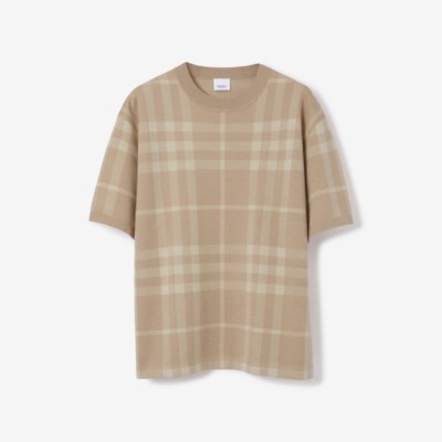 Burberry Short-sleeve Check Silk Wool Jacquard Top In Soft Fawn