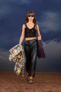 Burberry SS26 Show model Giselle Norman wearing a Crochet knit top and Macramé trim leather trousers