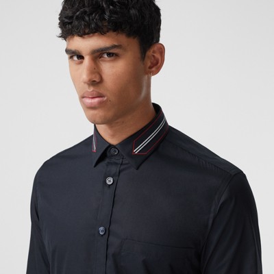 Slim Fit Icon Stripe Trim Cotton Poplin Shirt In Navy - Men | Burberry ...