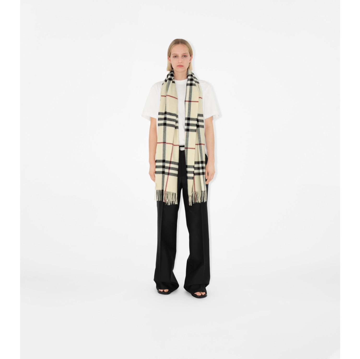 Wide Check Cashmere Scarf in Stone Burberry Official