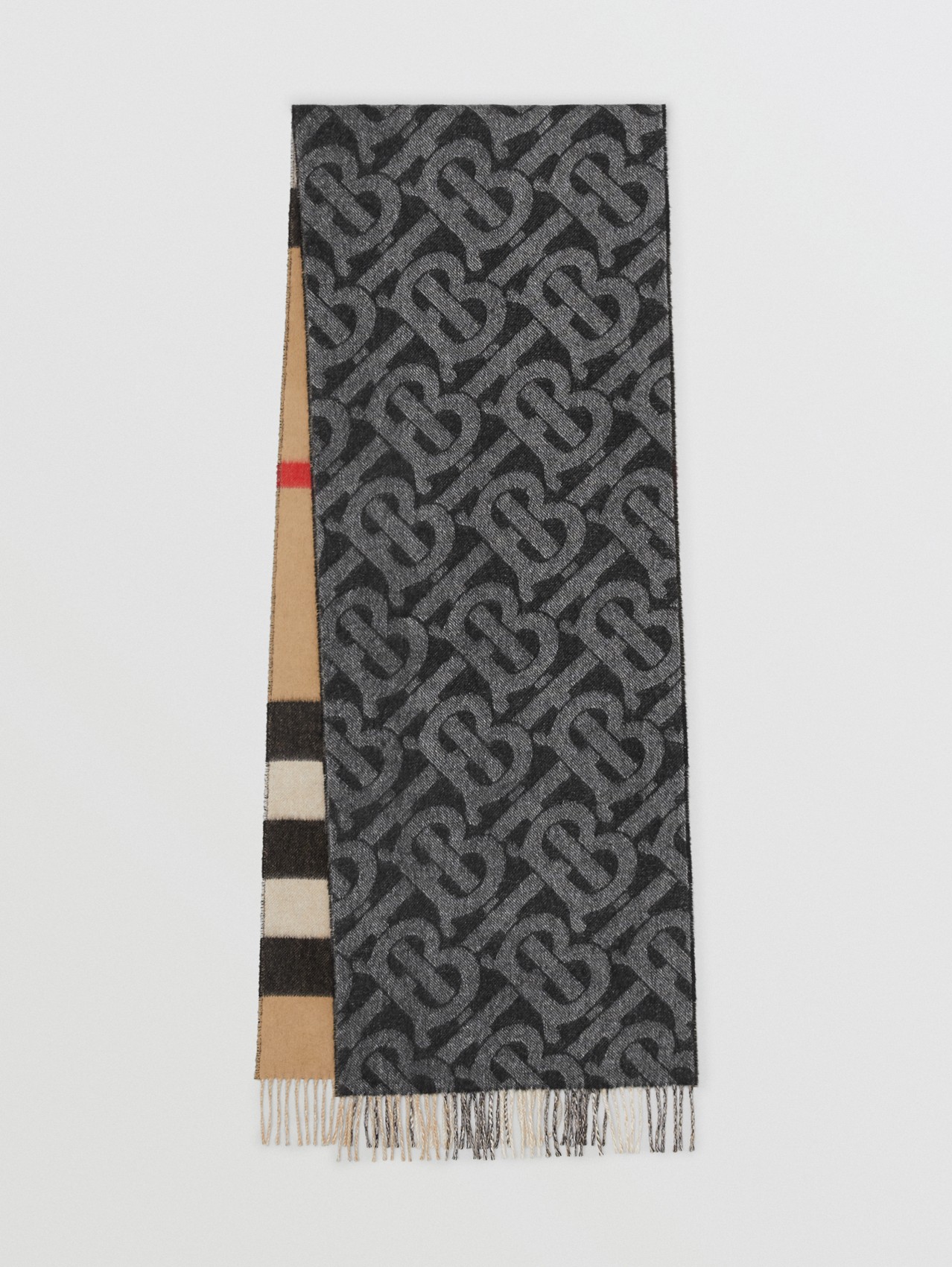Bufanda en cachemir reversible de cuadros y monogramas (Negro/blanco)