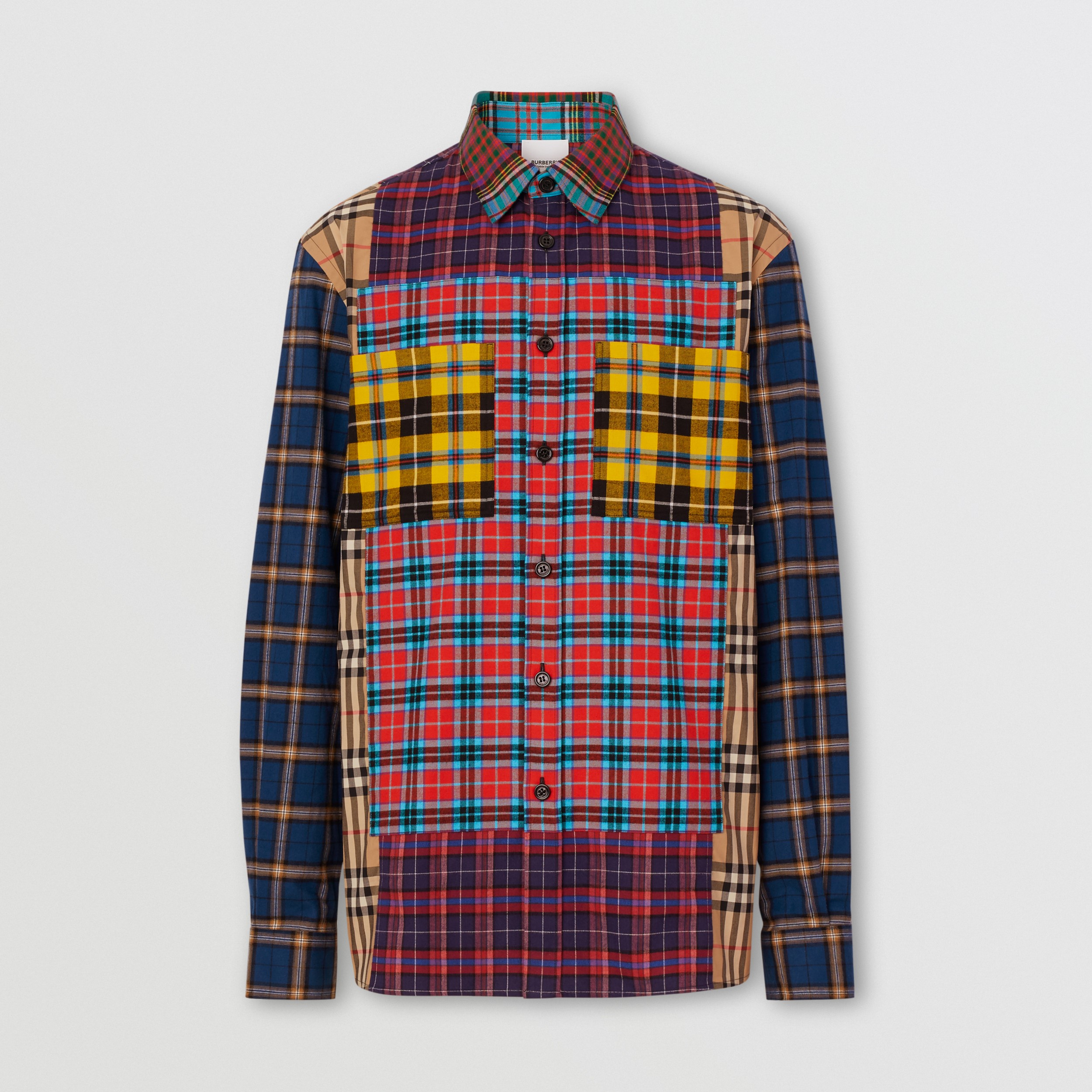 Patchwork Check Cotton Oversized Shirt in Navy - Men | Burberry United ...