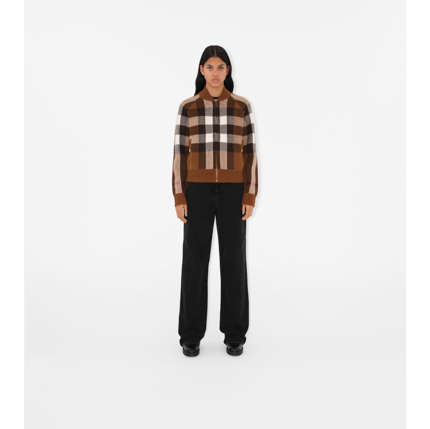 Check Wool Cashmere Bomber Jacket in Dark birch brown Women