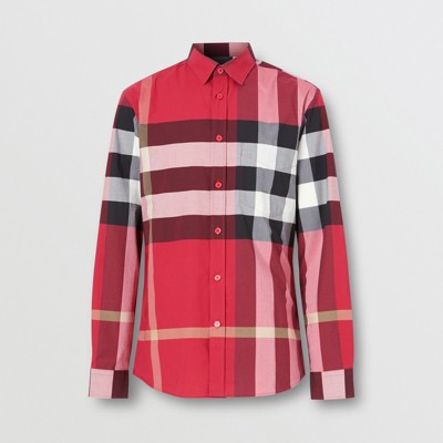 Check Stretch Cotton Poplin Shirt in Parade Red - Men | Burberry® Official