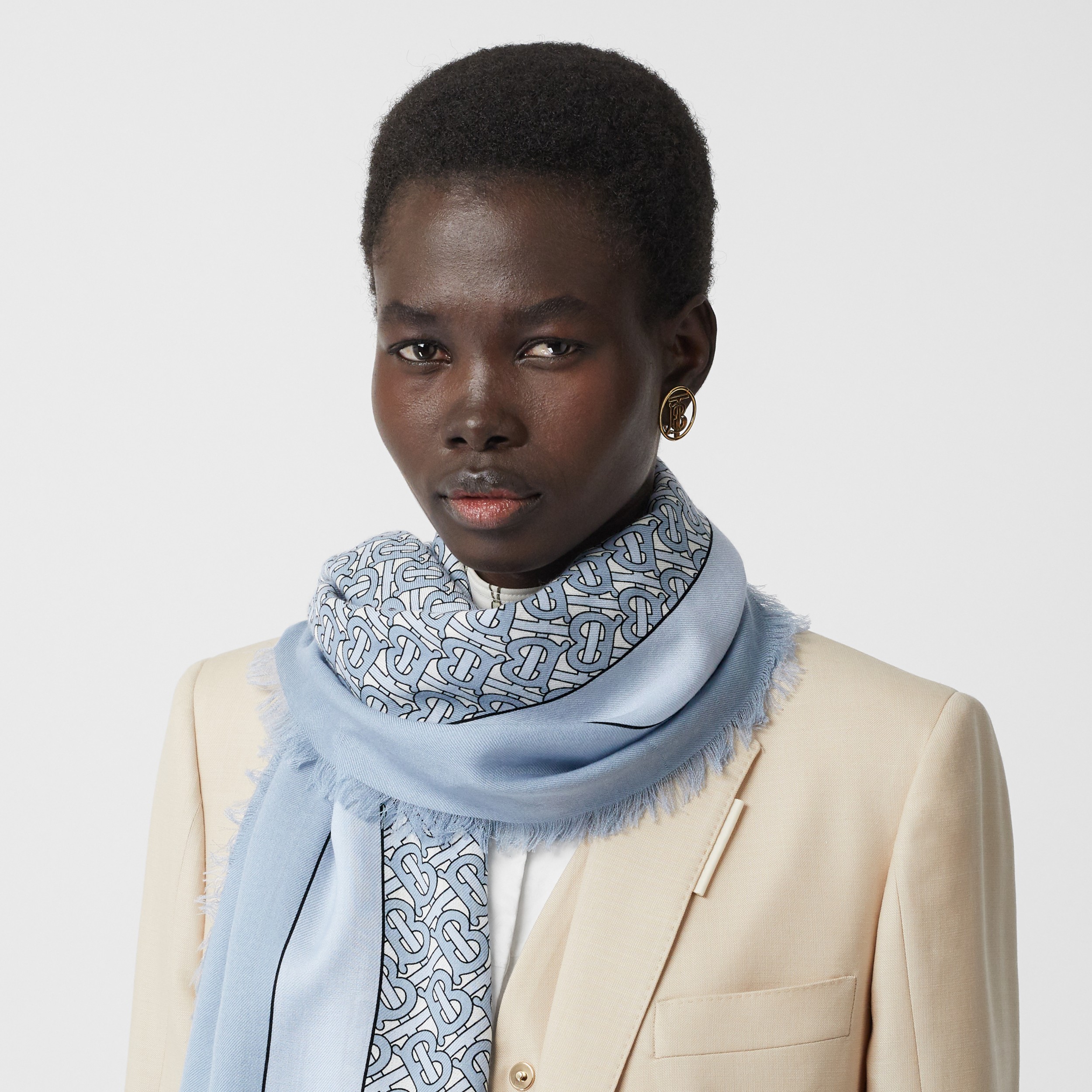 Monogram Print Lightweight Cashmere Scarf in Light Blue Burberry