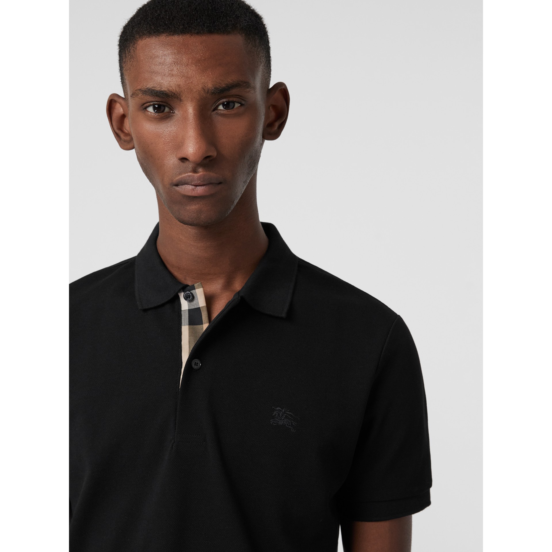 Check Placket Cotton Piqué Polo Shirt In Black Men Burberry United