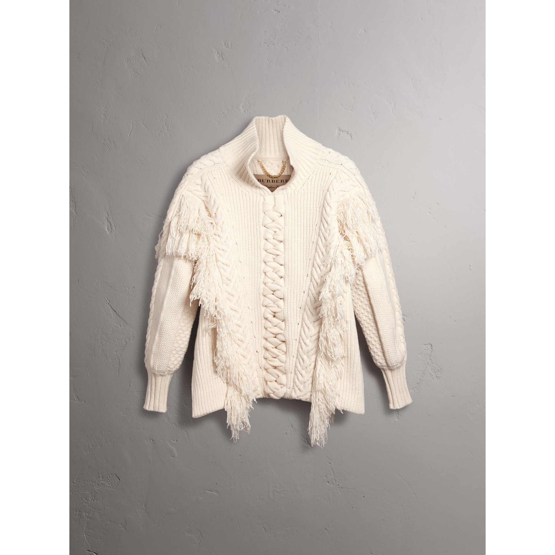Fringed Cable Knit Cotton Blend Oversized Sweater in Natural White ...