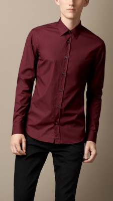 深红色 格纹细节弹力棉质衬衫 - 图 1