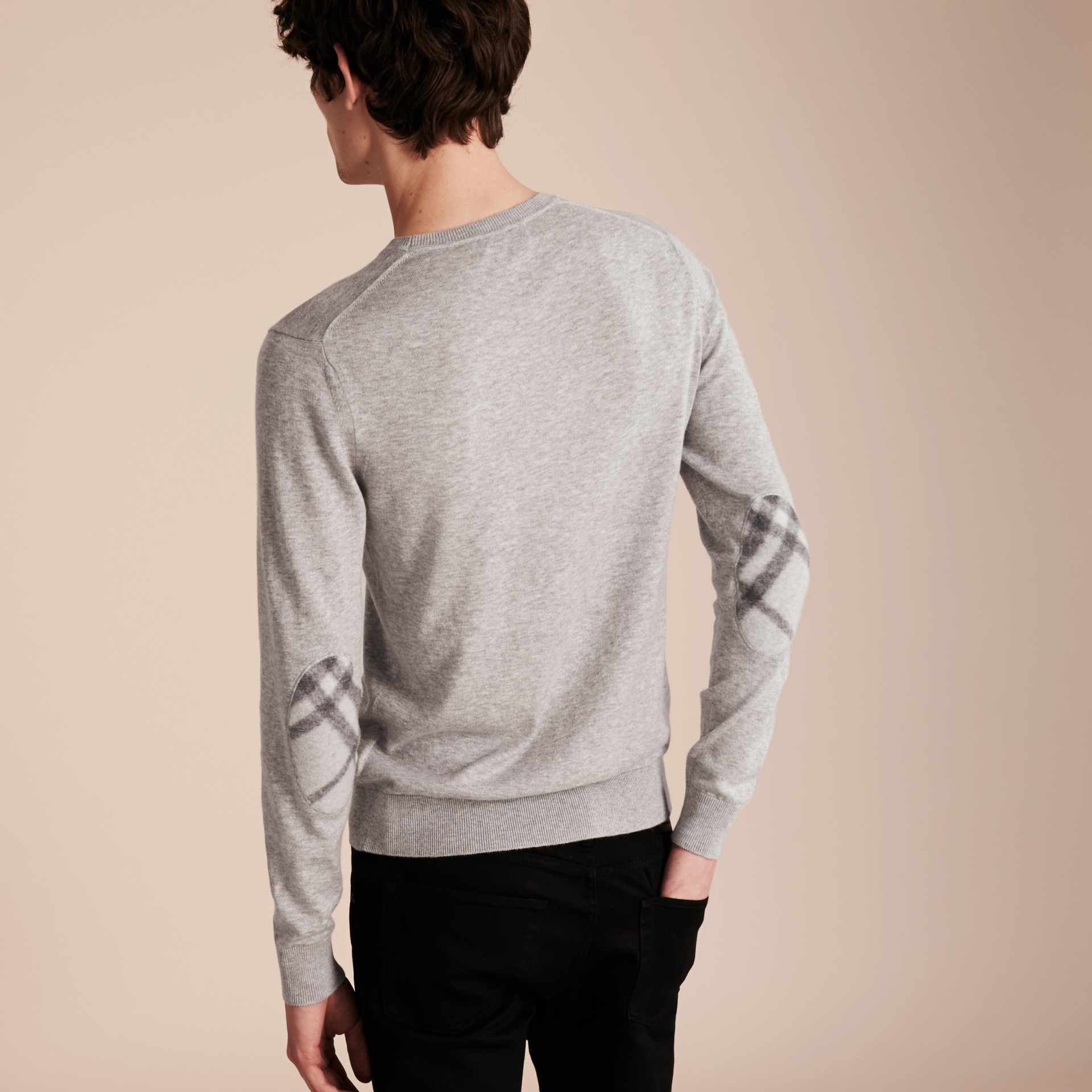 BURBERRY Check Trim Cashmere Cotton Sweater in Pale Grey Melange ModeSens