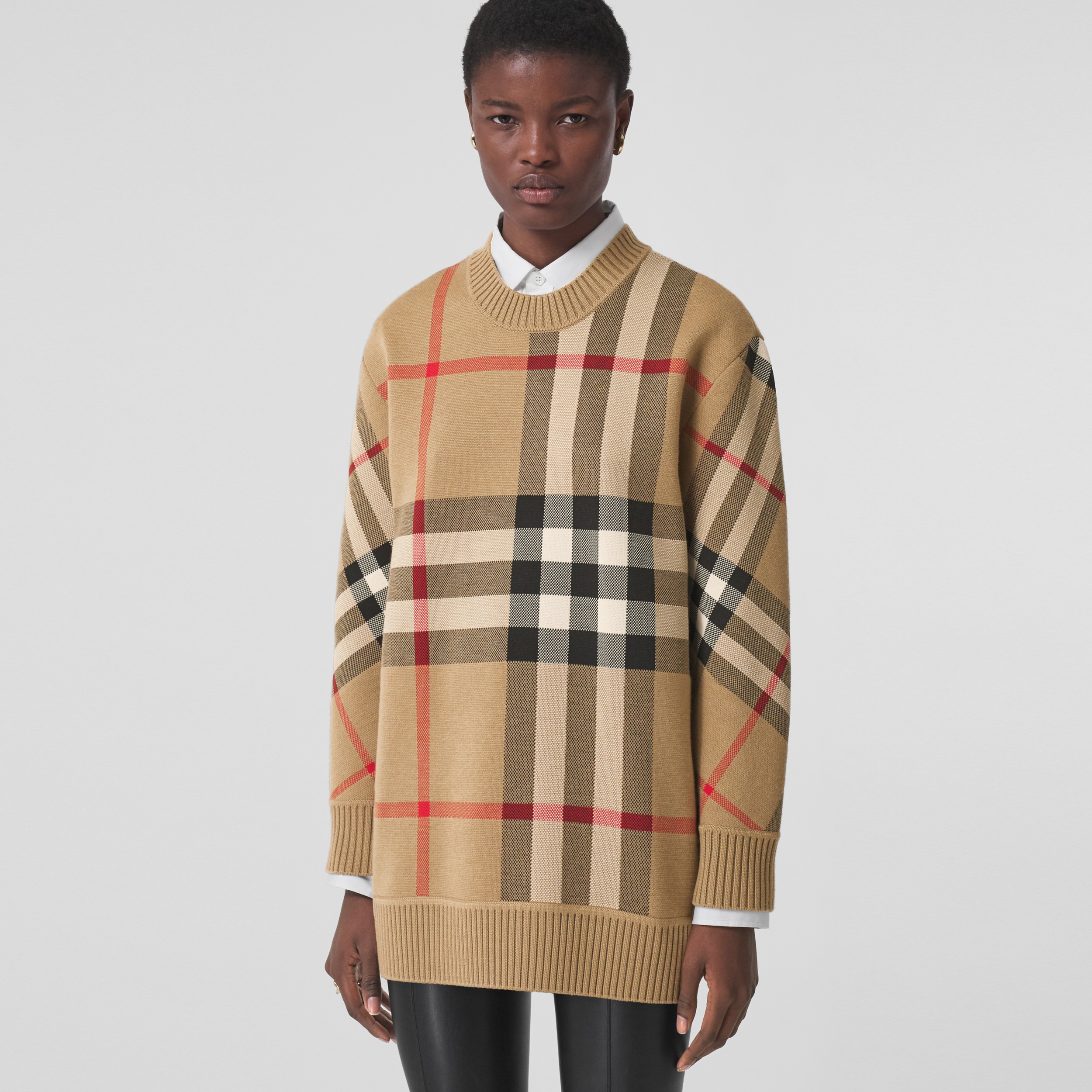 Check Technical Wool Jacquard Sweater in Archive Beige - Women | Burberry®  Official