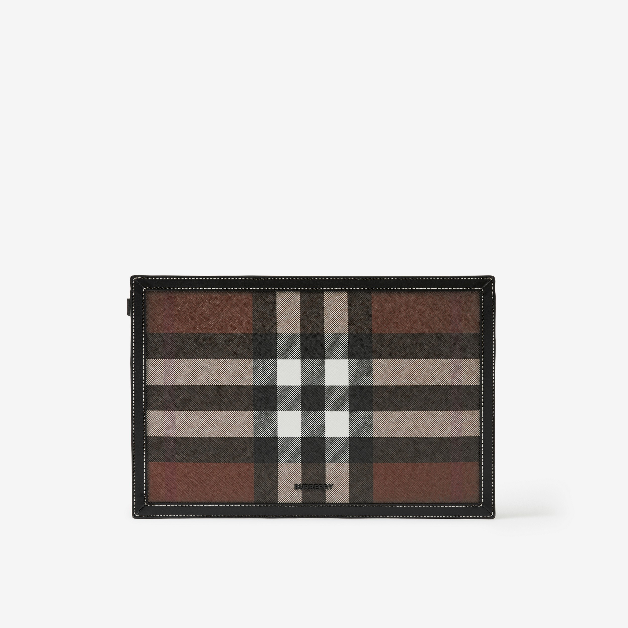 Check and Leather Zip Pouch in Dark Birch Brown - Men | Burberry® Official - 1