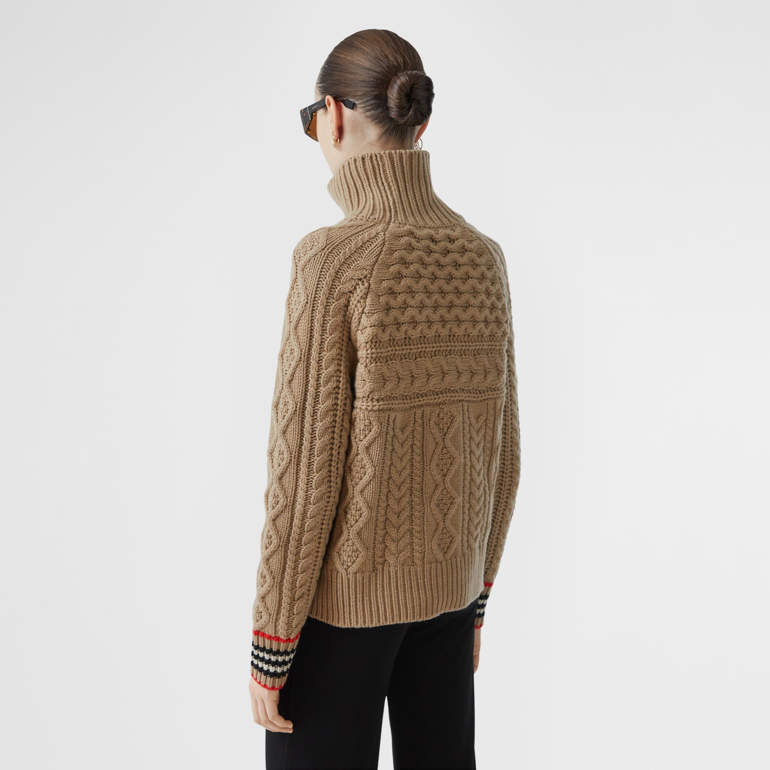 Icon Stripe Cuff Cable Knit Cashmere Sweater in Camel Women Burberry Canada