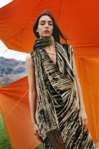 Model wearing Crushed Velvet Scarf Dress in Camp