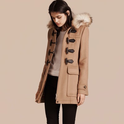 Detachable Fur Trim Wool Duffle Coat Camel | Burberry
