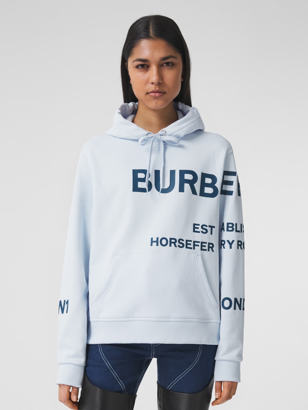 Horseferry Print Cotton Oversized Hoodie in Pale Blue