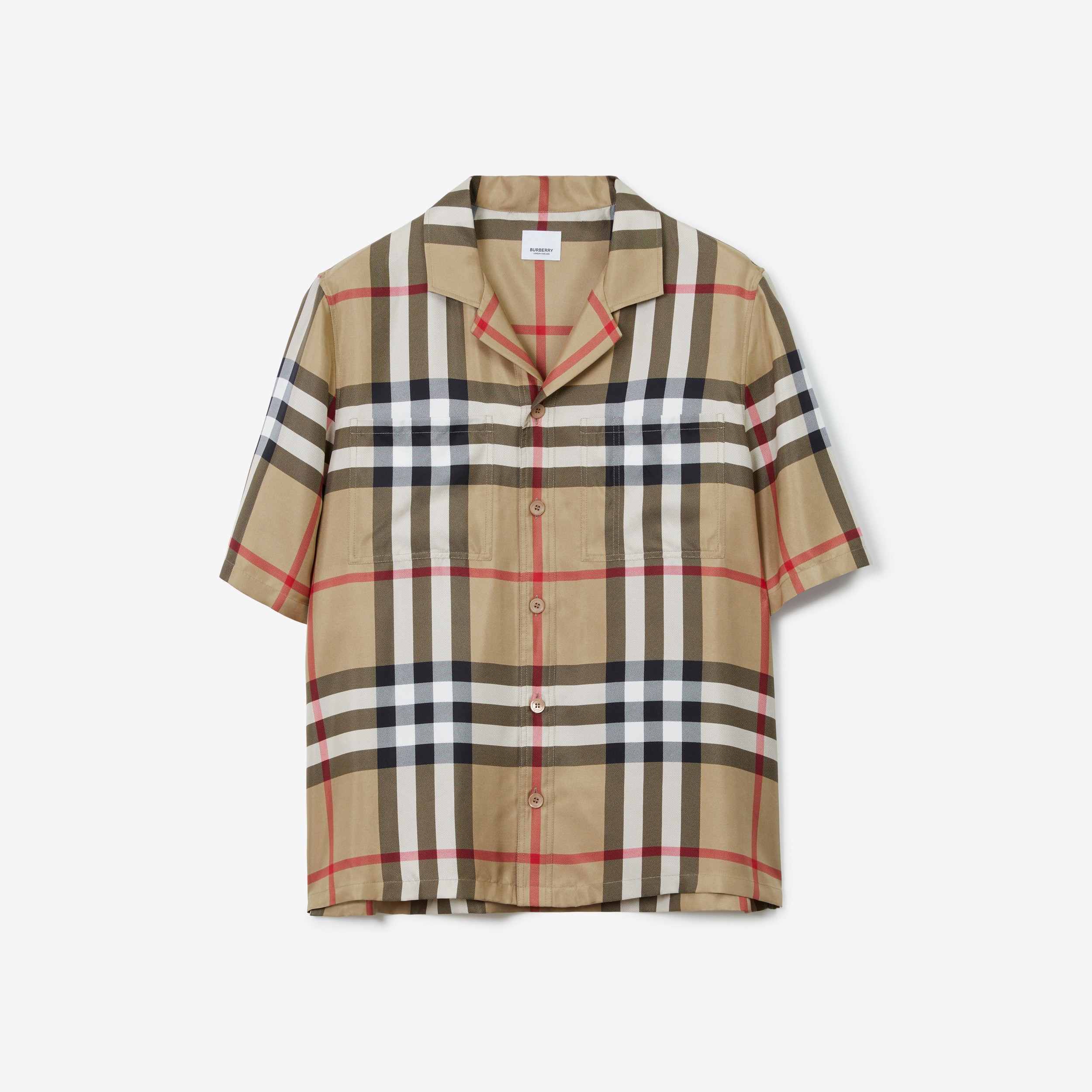 Camisa de seda Check com mangas curtas (Bege Clássico) - Homens | Burberry® oficial - 1