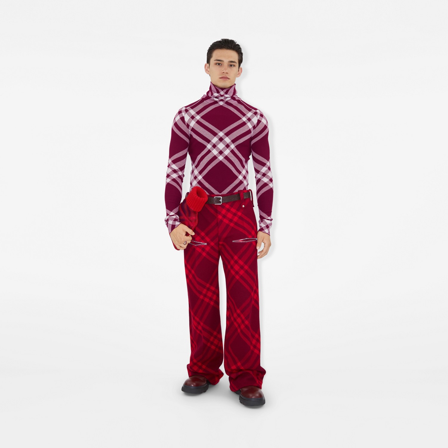 格纹羊毛长裤 (树莓红) - 男士 | Burberry® 博柏利官网