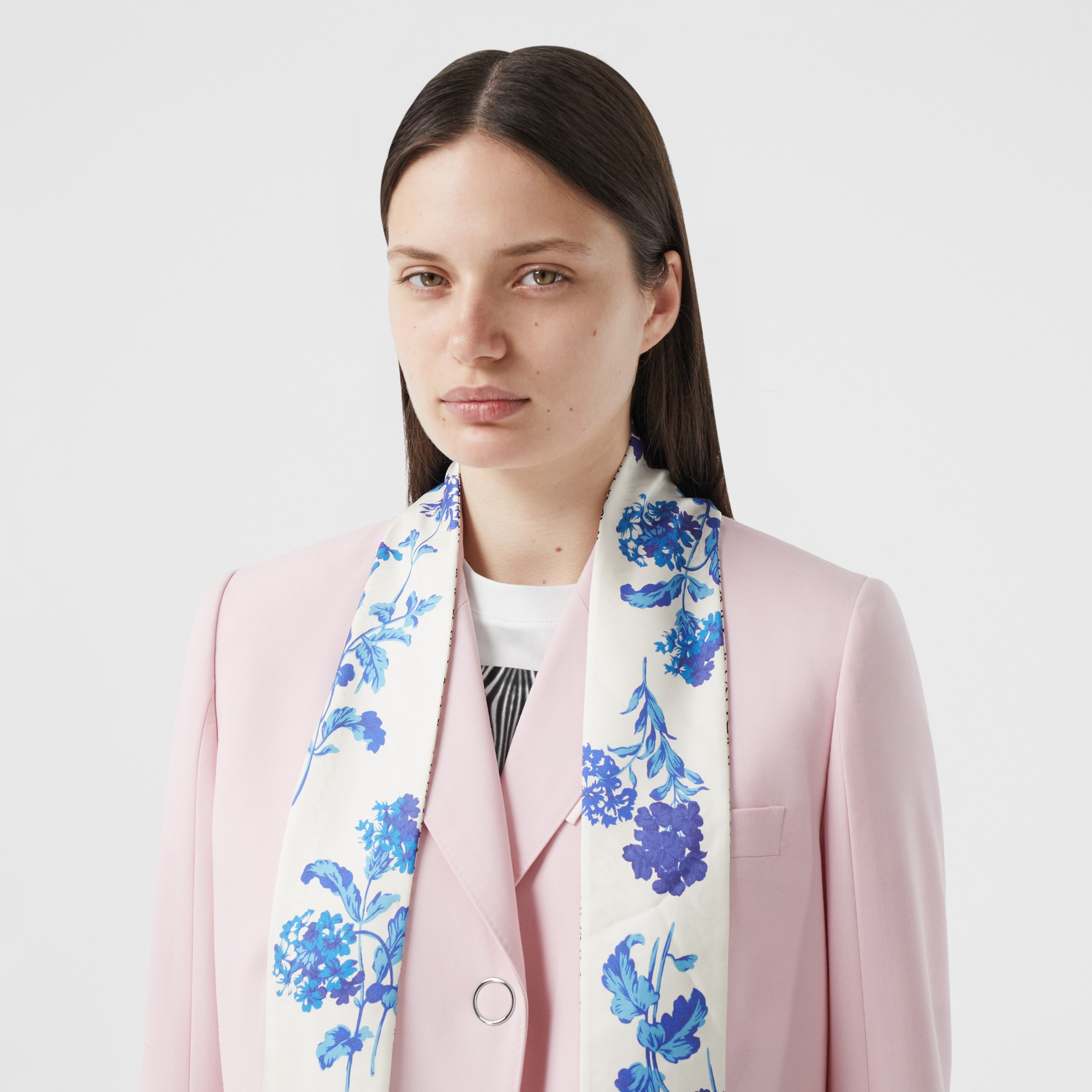 Floral and Monogram Print Silk Skinny Scarf in Pale Blue Burberry