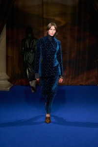 Thea Almqvist wearing baroque velvet tailored jacket and trousers, with fringed heeled loafers