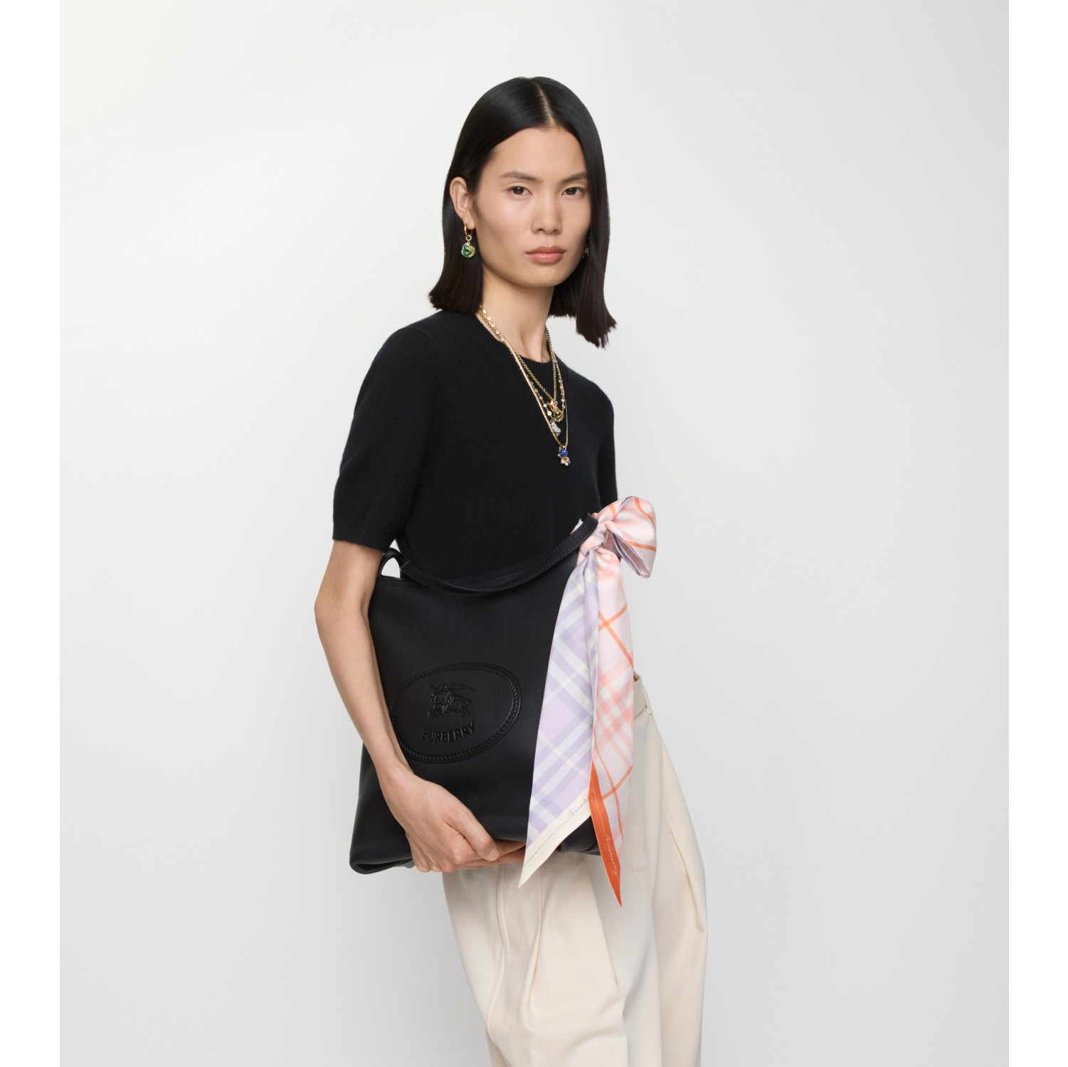 Skinny scarf de seda com estampa Check contrastante
