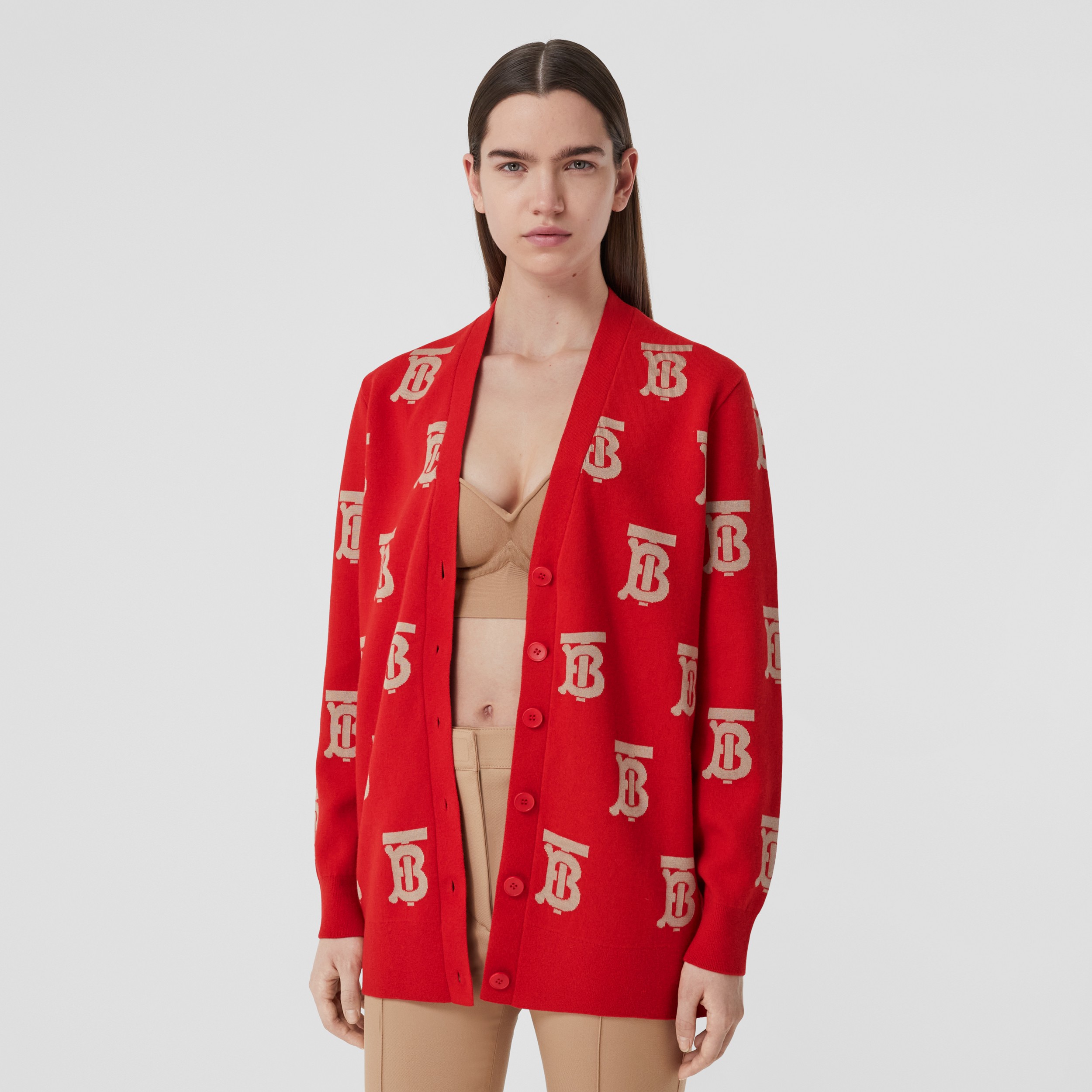Monogram Wool Silk Blend Oversized Cardigan in Bright Red - Women | Burberry® Official - 1