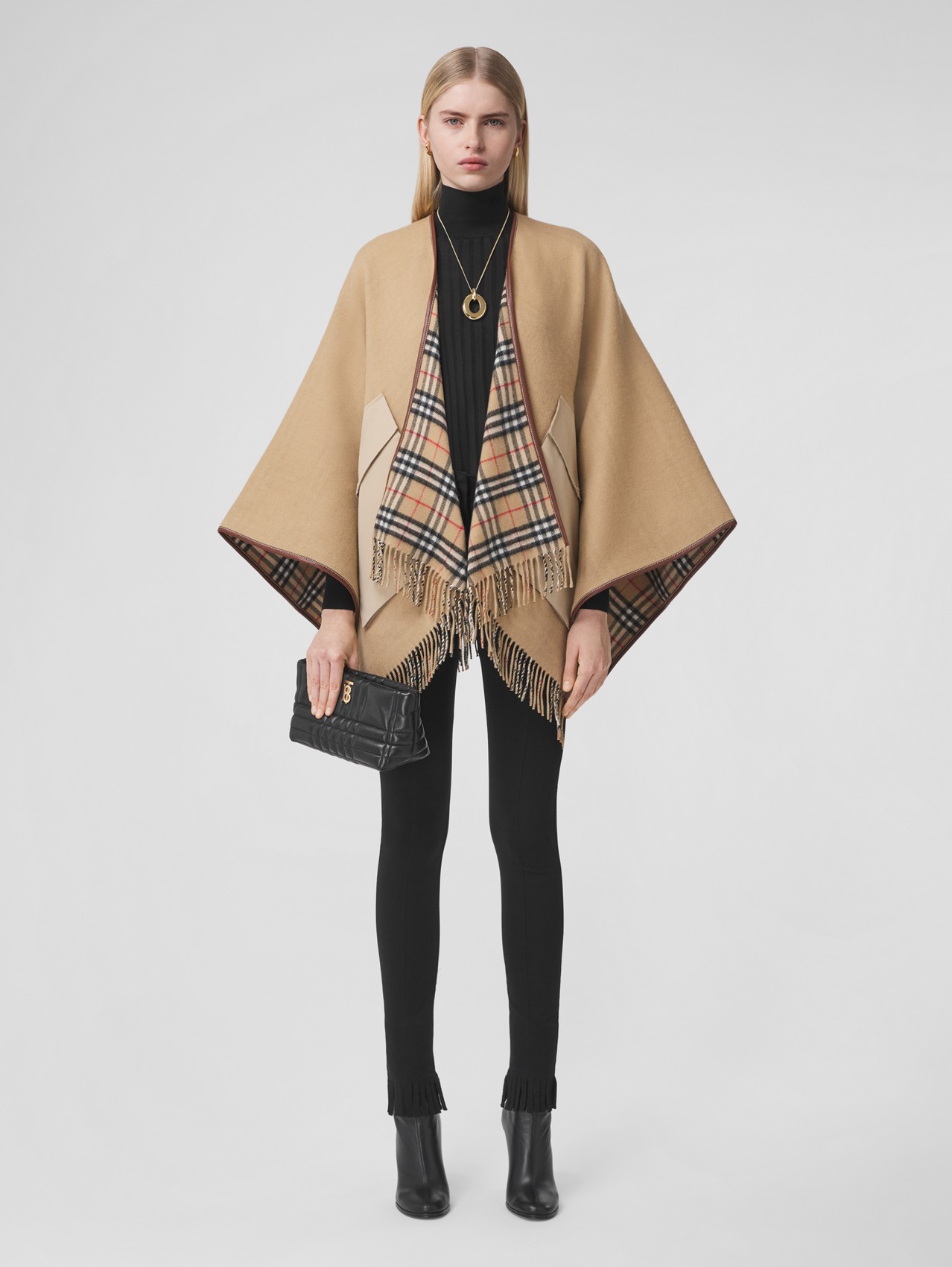 Reversible Vintage Check Wool Cashmere Cape in Archive Beige